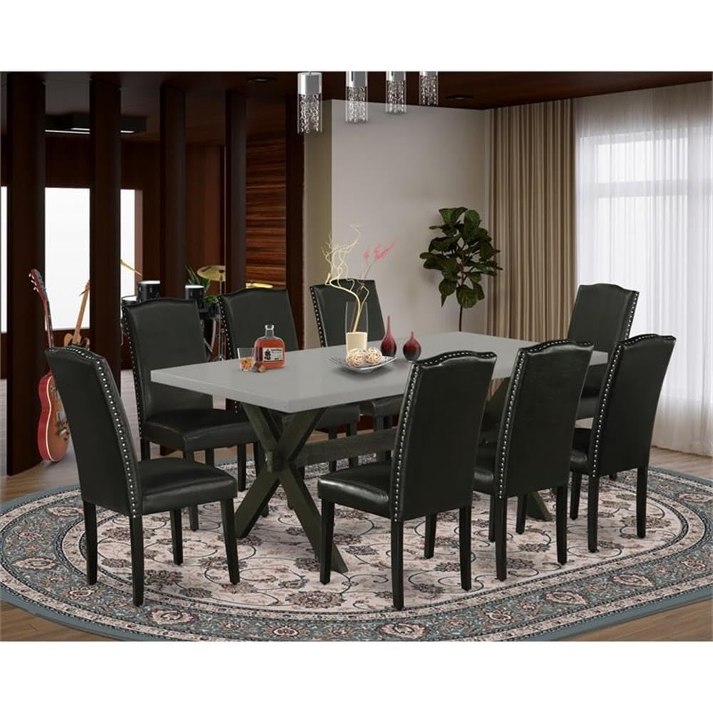 East West Furniture X697En169-9 9 Piece Dining Room Set Includes A Rectangle Kitchen Table With X-Legs And 8 Black Faux Leather Upholstered Parson Chairs, 40X72 Inch, Multi-Color